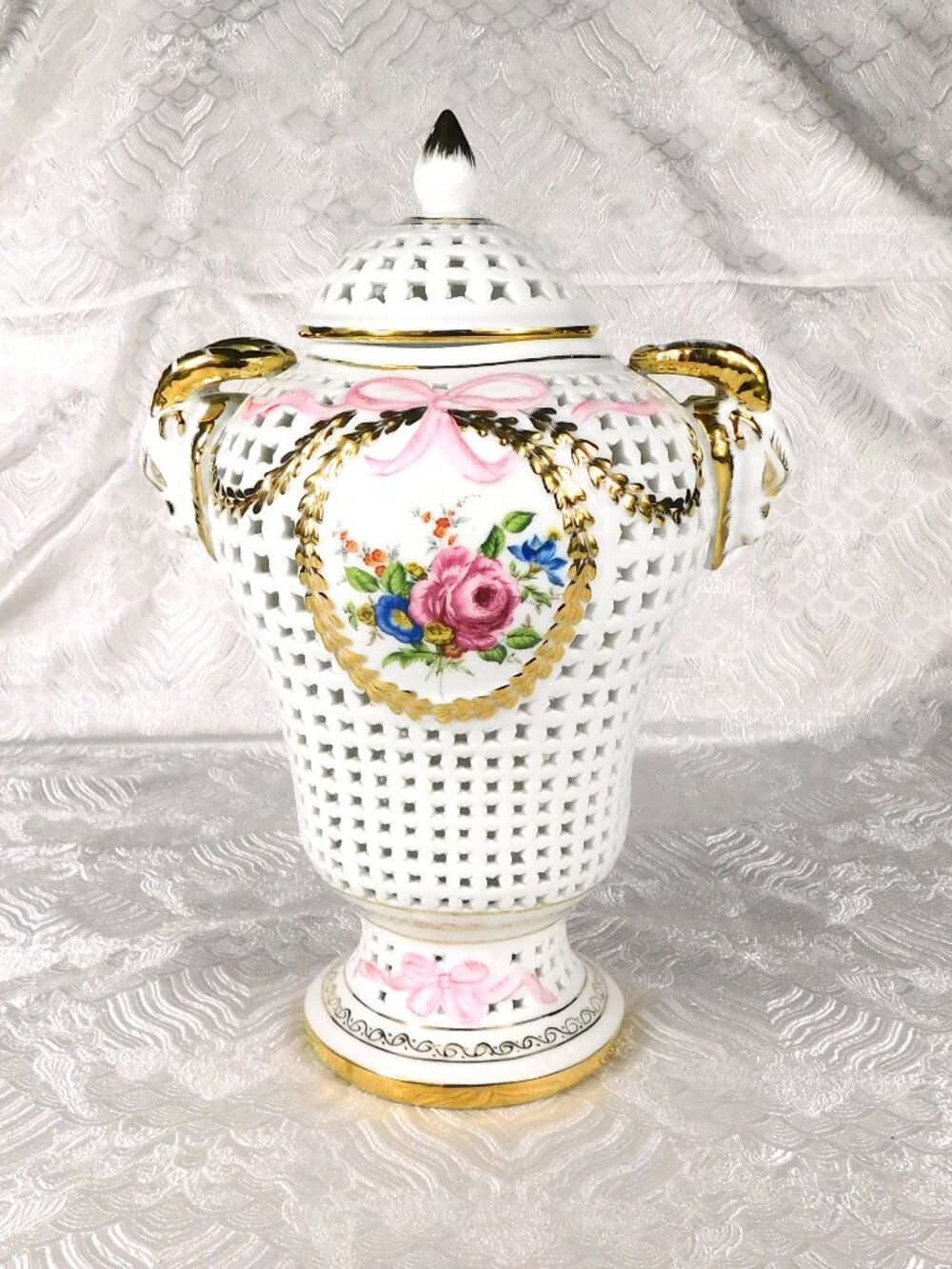 KPM Large Reticulated Vase or Urn with Lid and Rams Head Detail # 27562
